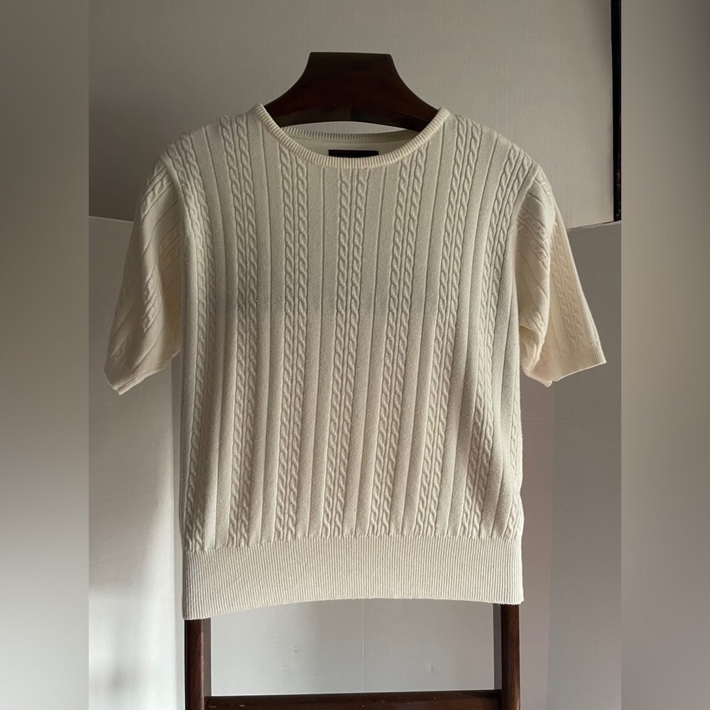 Vintage Yarnworks Sweater Med Cable Knit Shoulder Pads Short Sleeves Cream*